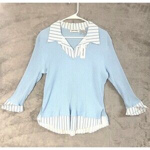 NWT Extra Touch Womens 1X Blue Ribbed Knit Top Layered Look Collar 3/4 Sleeve